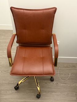Brown Leather-Look Office Chair – Gold Base, Like New