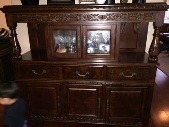 Wood carved round dining set table 5 chairs and buffet beautiful set