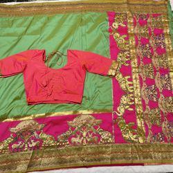 Pure Silk Saree With Handwork And Readymade Blouse 