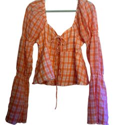 Free People Orange & White Picnic Party Cropped Tank Top - Size M