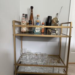Gold Metal Bar Cart w/ Mirrored Shelves