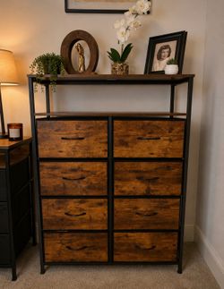 8-Drawer Rustic Wood and Metal Dresser with fabric Shelves