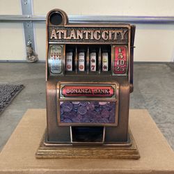 Vintage Atlantic City Bonanza Bank Toy Slot Machine Cast Metal 11" X 7" Works!