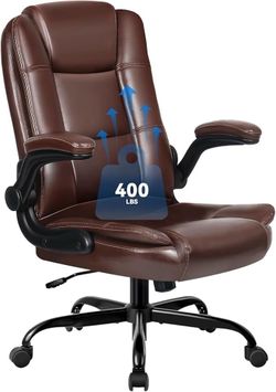 Executive Office Chair with Flip-up Armrests, Big and Tall Leather Ergonomic Office Chair, Lumbar Support High Back Home Computer Desk Chair, Heavy an