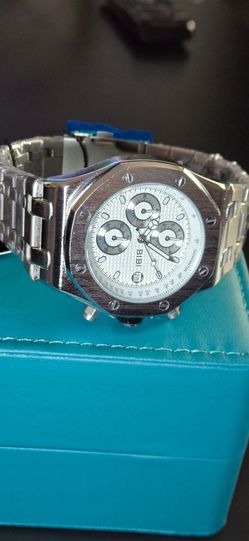 BIBI Men's White Dial Silver Case Silver Band, Silver-Tone Chronograph Watch..