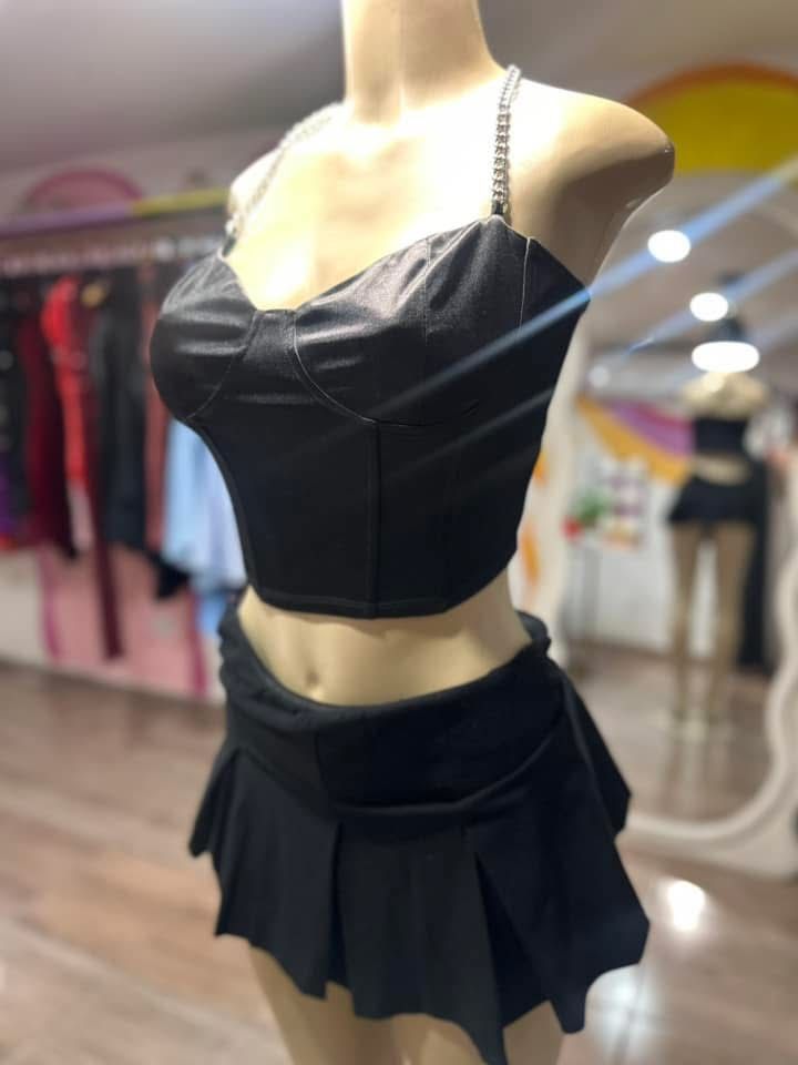 Black Satin Corset Top With Chain Straps 