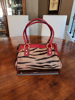 Covalcanti Tiger Print Calf Hair Handbag with Red Leather Trim