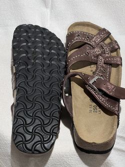 Birkenstock “Betula” - Bronze color straps with silver studs and gems