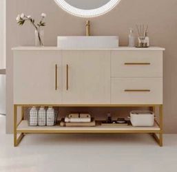 GLANZEND Bathroom Size Wood Single Sink Bathroom Vanity with Ceramic Top Storage Drawers