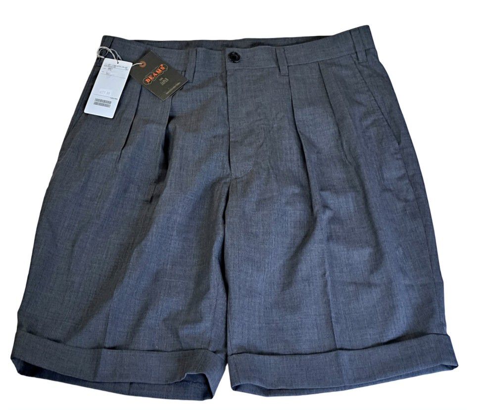 NWT BEAMS + Plus Japan Dress Shorts Men L Double Pleated Grey Wool Blend Roll up