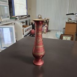 Vintage Solid Brass Beautifully Etched & Hand Painted Vase 9.25" Tall 