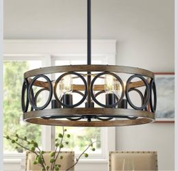 21.7" Farmhouse Drum Chandelier 5-Light Black Wood Grain Finish adjustable height