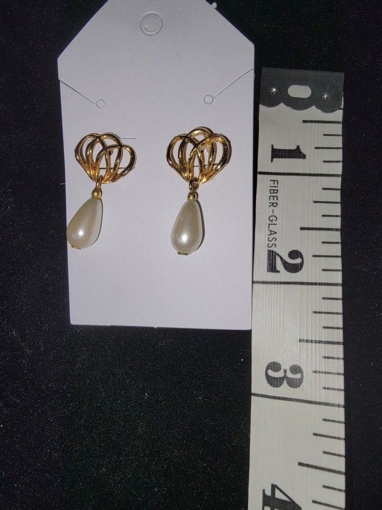 Pierced Gold Tone And Pearl Dangle Earrings