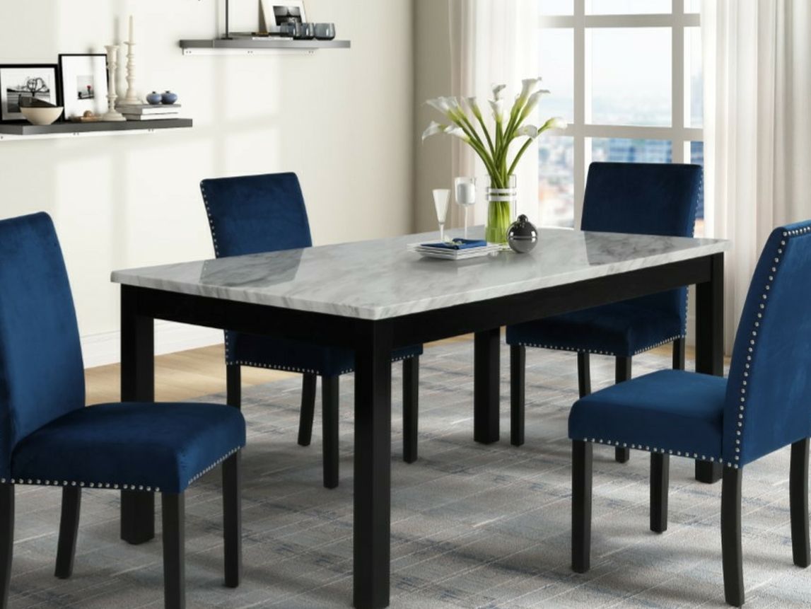 Brand New 5pc White Marble Espresso Finish Dining Set With Blue Velvet Chairs With A Nail Studded Trim