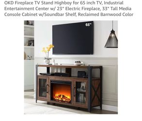 OKD Fireplace TV Stand Highboy for 65 inch TV, Industrial Entertainment Center w/ 23” Electric Fireplace, 33" Tall Media Console Cabinet w/Soundbar Sh