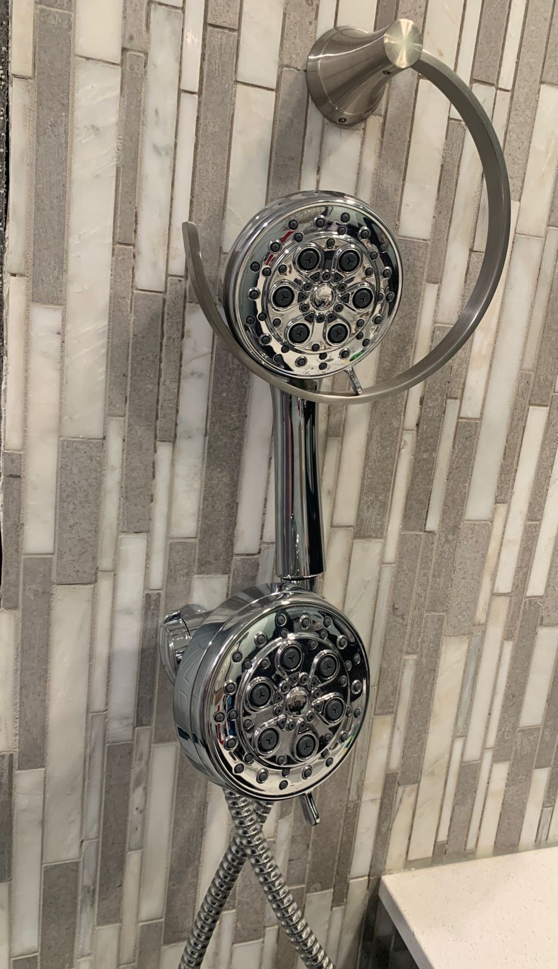 Pfister Dual Adjustable Spray Shower Head w/ Hand Held Sprayer. Chrome bathroom accessories.