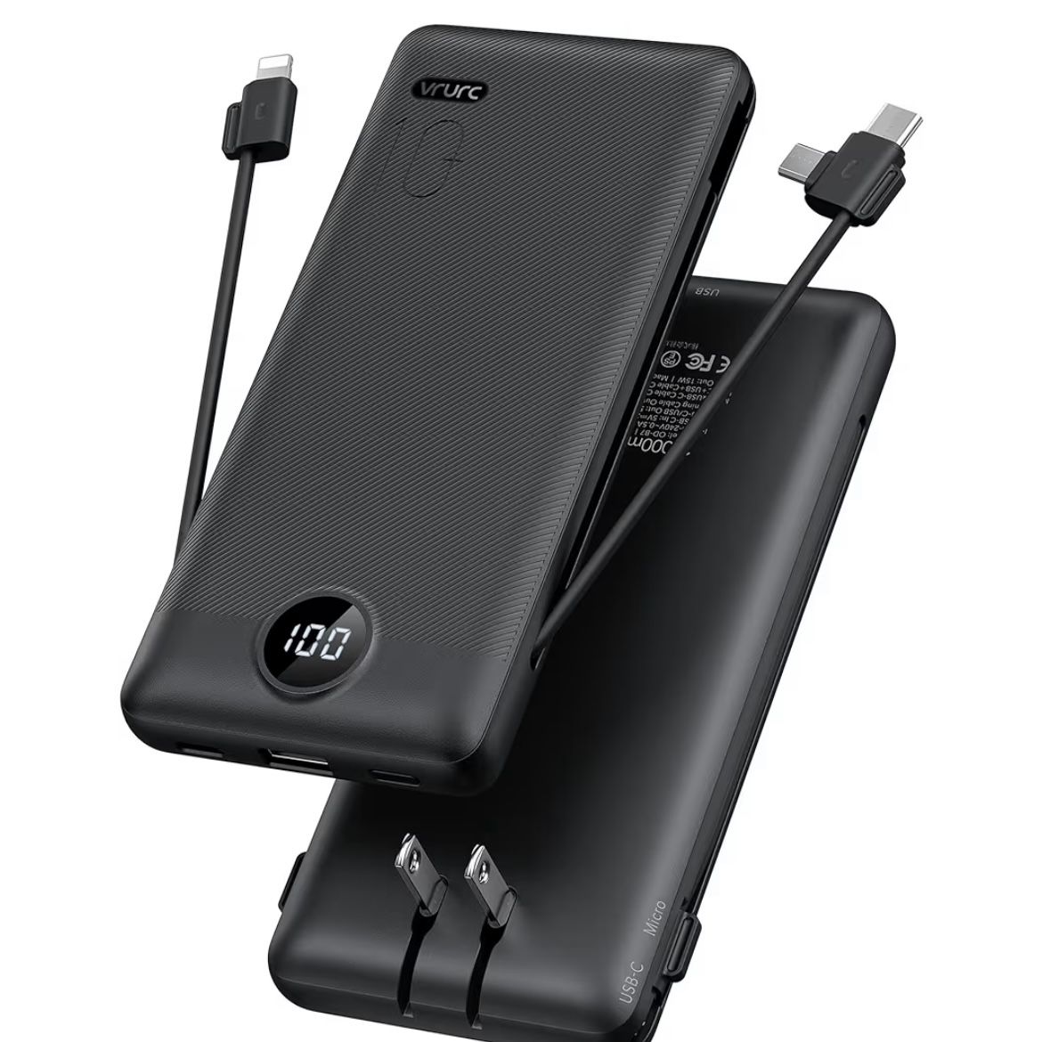 Portable Charger,Power Bank Built-in Cables and AC Wall Plug,VRURC USB C Portable Bank 10000mAh,Travel Essentials Phone Charger Compact Lightweight Ex