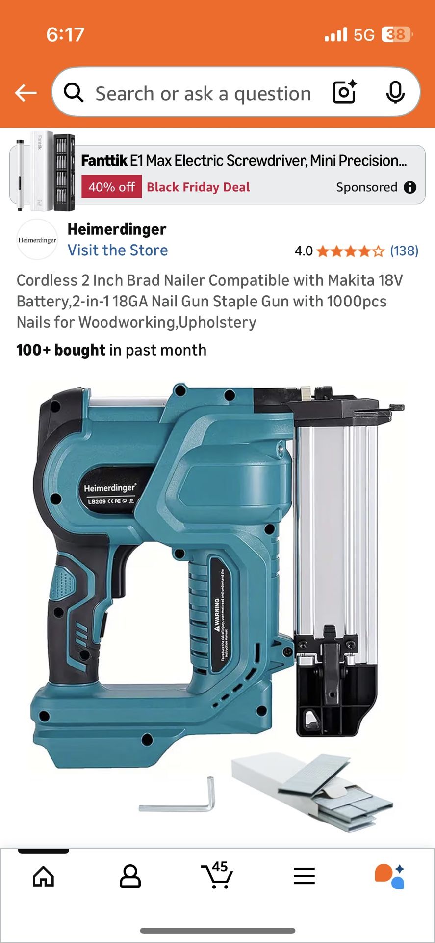 Cordless 2 Inch Brad Nailer Compatible with Makita 18V battery
