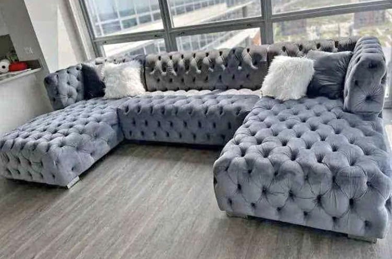 Grey velvet sectional sofa large tufted