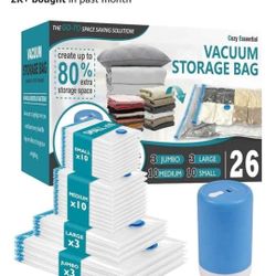 New unopen. 
Vacuum Storage Bags with Electric Pump, 26 Pack (3 Jumbo/3 Large/10 Medium/10 Small) Vacuum Seal Space Saver Bags for Clothing, Pillows, 