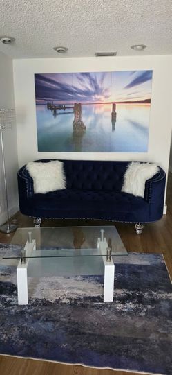 Elegant Navy Blue Velvet Sofa + Glass Coffee Table