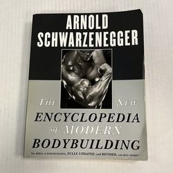 The image displays the cover of The New Encyclopedia of Modern Bodybuilding by Arnold Schwarzenegger