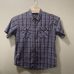 Men’s XL Burnside Gray Black Blue Plaid Short Sleeve Button Up Shirt