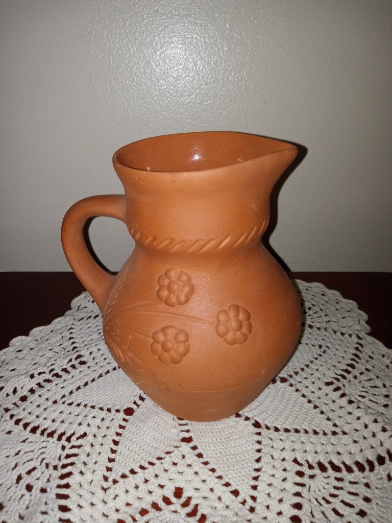 Vintage Moldova Russian Pottery Daisy Clay Pitcher