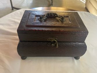 Vintage Faux Alligator Leather Keepsake Box with Brass Hardware and Ornate Bun Feet