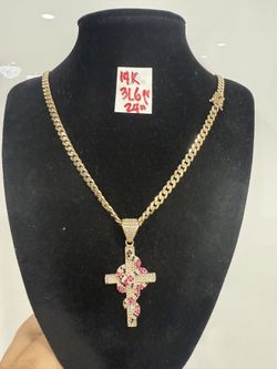 14K Yellow Gold Chain and Pendant CUBIC ZIRCONIUM STONES 31.6Gr 24 Inches Long 