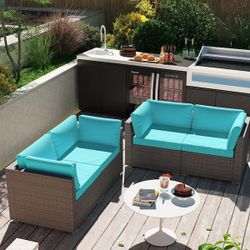 New Heavy Duty 4-piece Outdoor Patio Loveseats Outdoor Wicker Sectional Sofa, Outdoor Patio Set with Removable Cushions, Wicker Patio Loveseat Blue  N
