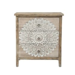 3-Drawer Natural Wood White Floral Accent Chest, 28.2 in. x 25.2 in. if1080