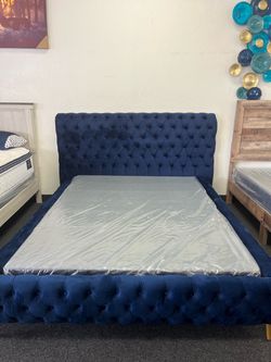 Navy Blue Velvet Tufted Sleigh Bed Frame