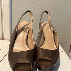 Guess by Marciano Brown Platform Peep Toe Slingback Heels