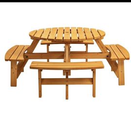 New in Box 8 Person Wood Picnic Table Round Tabletop with Umbrella Hole 4 Built-in Curved Benches