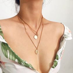 Vintage Multilayer Round Sequin Cross Pendant Necklaces