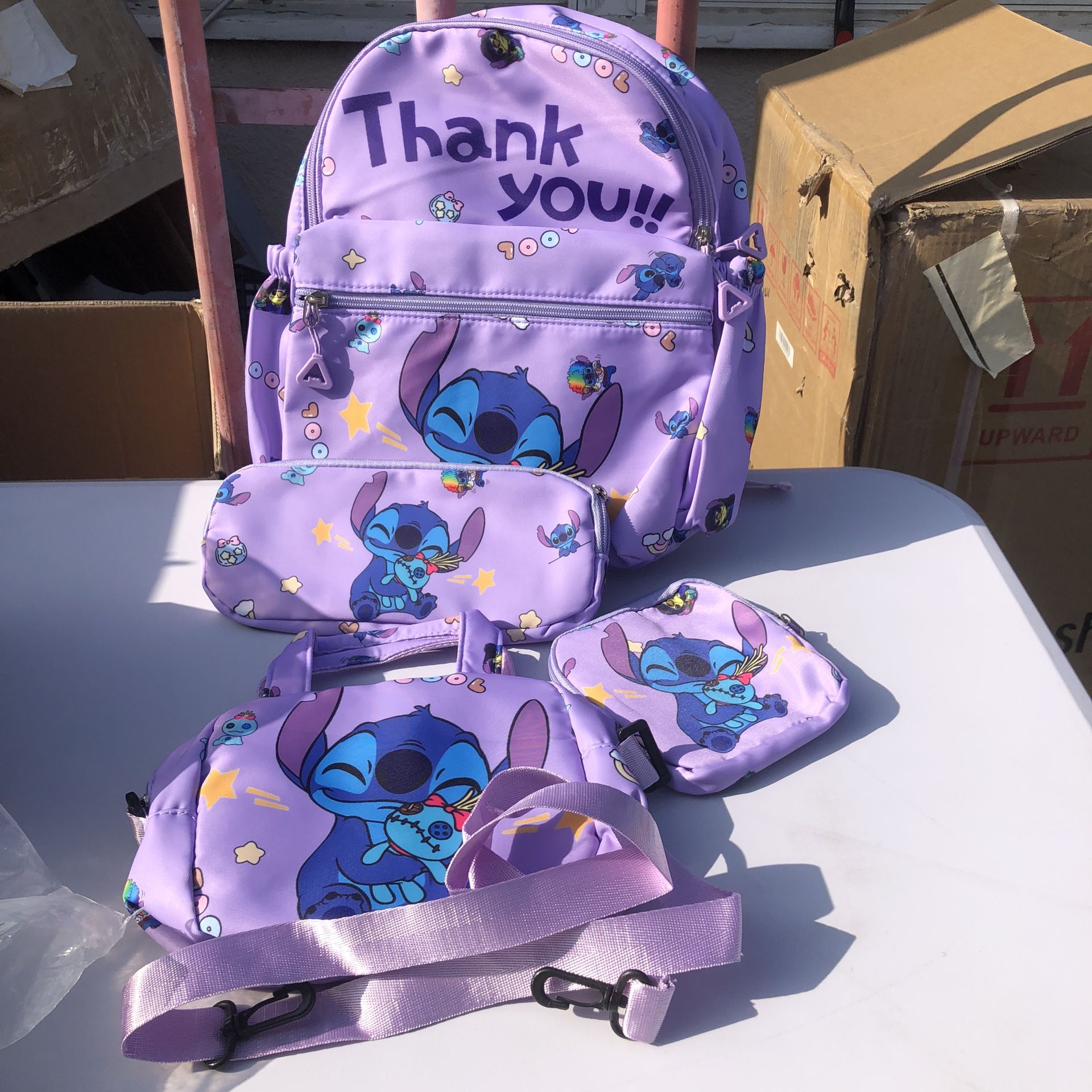 13” purple backpack -stitch toddler size backpack, Plus handbag, cosmetic/pencil bag and wallet.