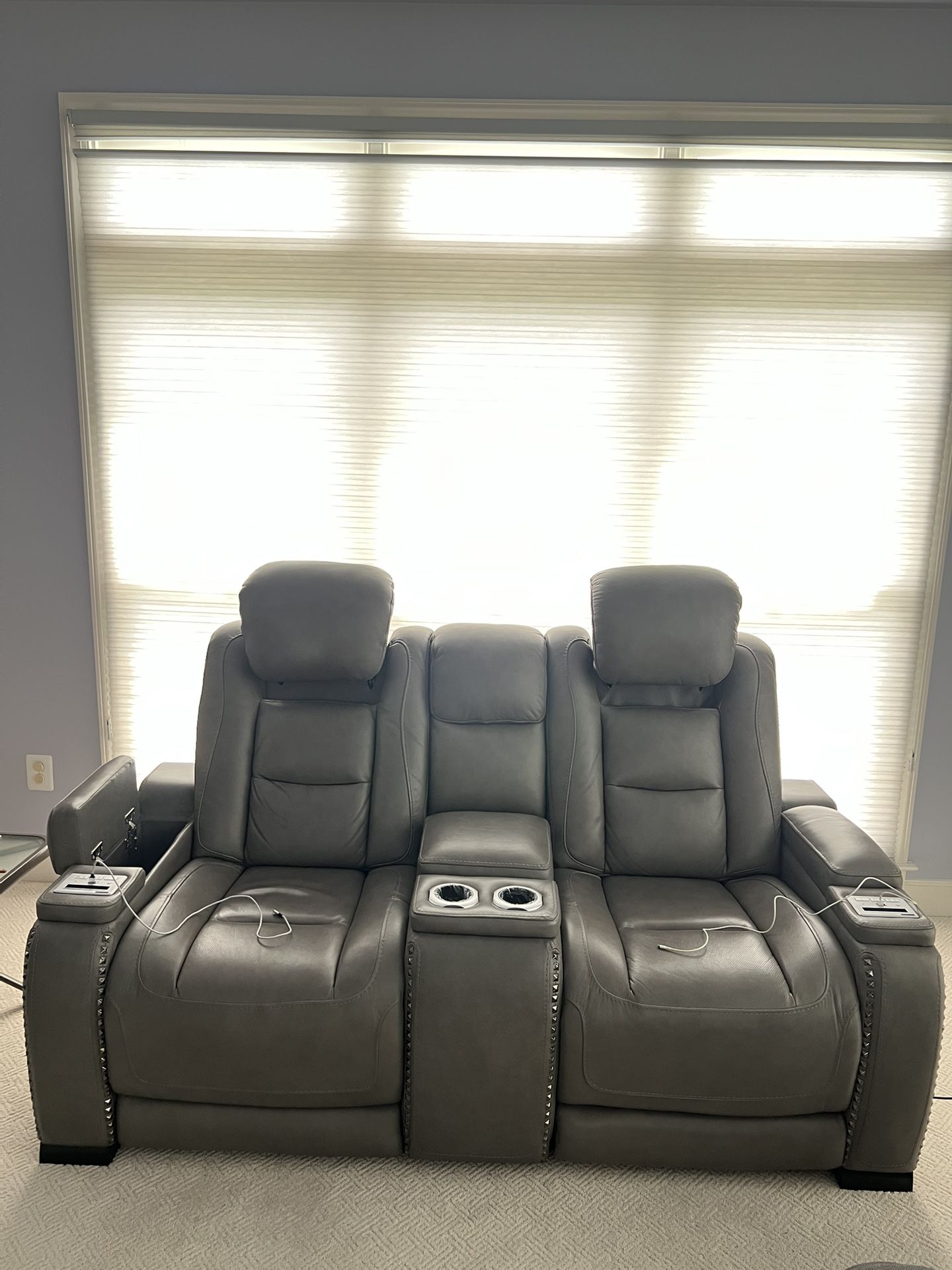 One Sofa With Two Seats (Loveseat Sofa), Leather, Lumbar Support, Adjustable Headrest, USB Charging Station, Cupholders, Generous Storage