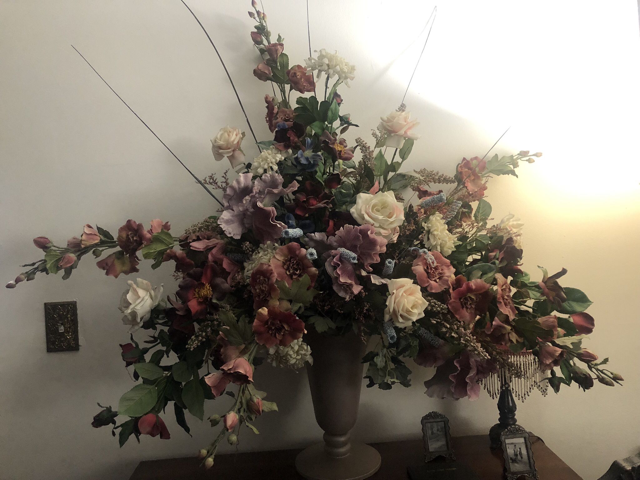 Floral Arrangement, Very Large 42” Tall X 34 W, In Mauve color Vase. Beautiful Color Flowers; Pinks, Burgundy, Beige , Blues and Greenery 