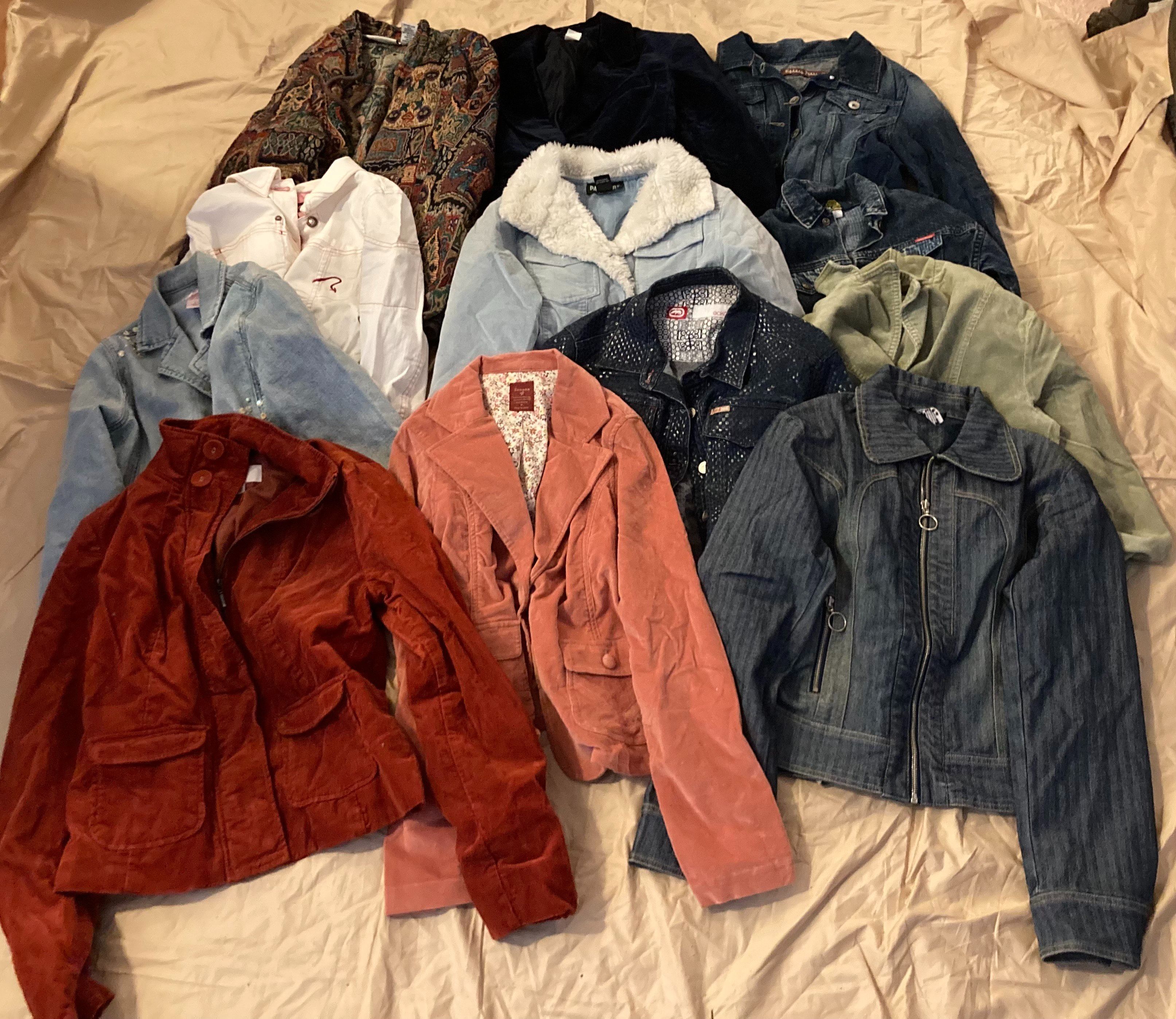 12 Vintage Type Jackets and Coats, Not Sold separately, Just in a Lot for Cheaper. I have 14 Boxes of Nice mostly ladies jeans, all different. I was