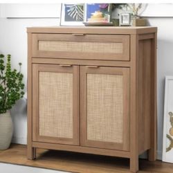 SCEWA10004OA new assembled Buffet Cabinet Sideboard with Storage, Rattan Accent Cabinet with Doors Drawer, Boho Credenzas Farmhouse Buffet Table Conso
