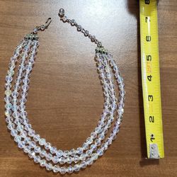 Vintage Choker Clear Aurora Borealis Crystal Rhinestone Clasp 3 Strand Necklace