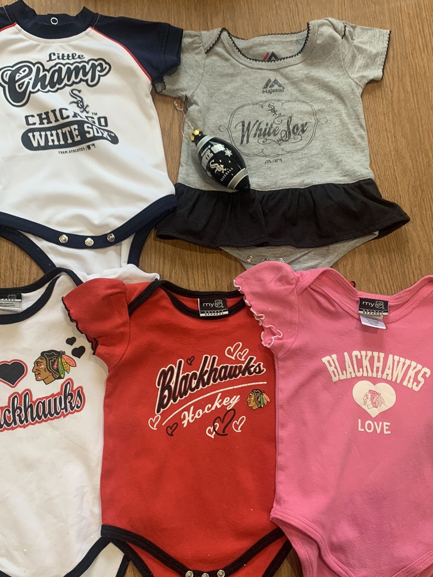 Cute Lot Of Onesies. All Size 12 Months. Chicago Blackhawks And Chicago White Sox And A Chicago White Sox Ornament