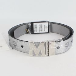 $400 NEW AUTHENTIC MCM BELT REVERSIBLE METALLIC SILVER 