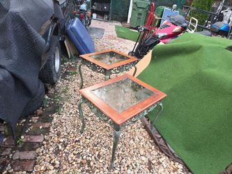 End tablea Wood/Glass Top Metal End 23 x 28 n 2 inch tall.$29ea.  Coffee table 38 x 38 n 16 $49