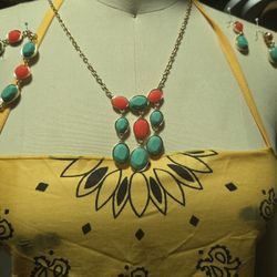 Three Piece Jewelry Set Long Necklace, Bracelet And Earrings 