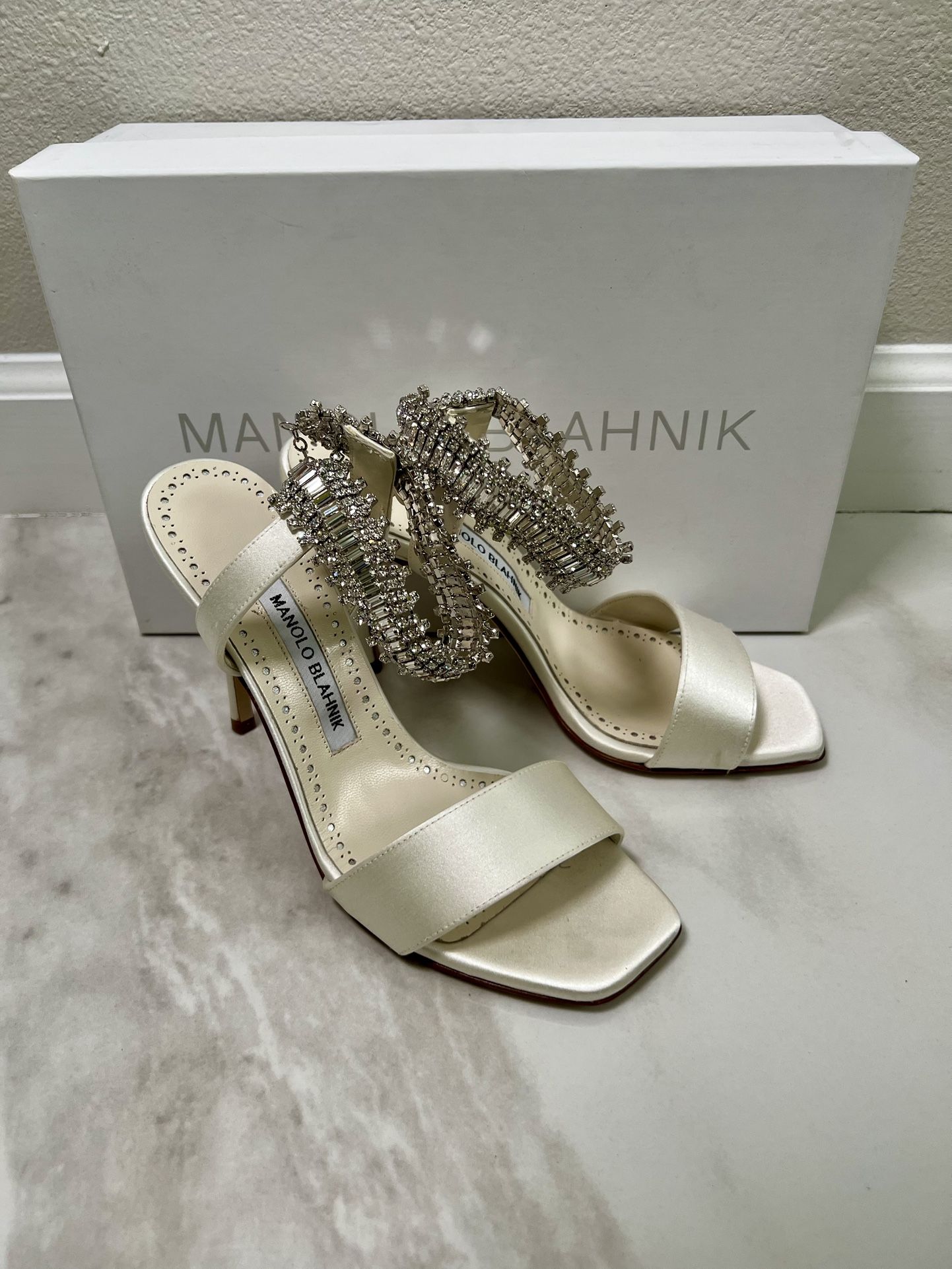 Manolo Blahnik Parinasan White w/ Crystal Embellished Ankle