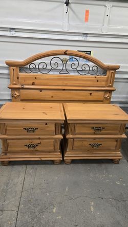 $250 OBO - Vintage Solid Pine King Headboard & 2 Nightstands Set - Rustic Scrolled Iron