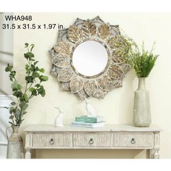 Brown and White Leaf Wreath Metal Frame Wall Mirror