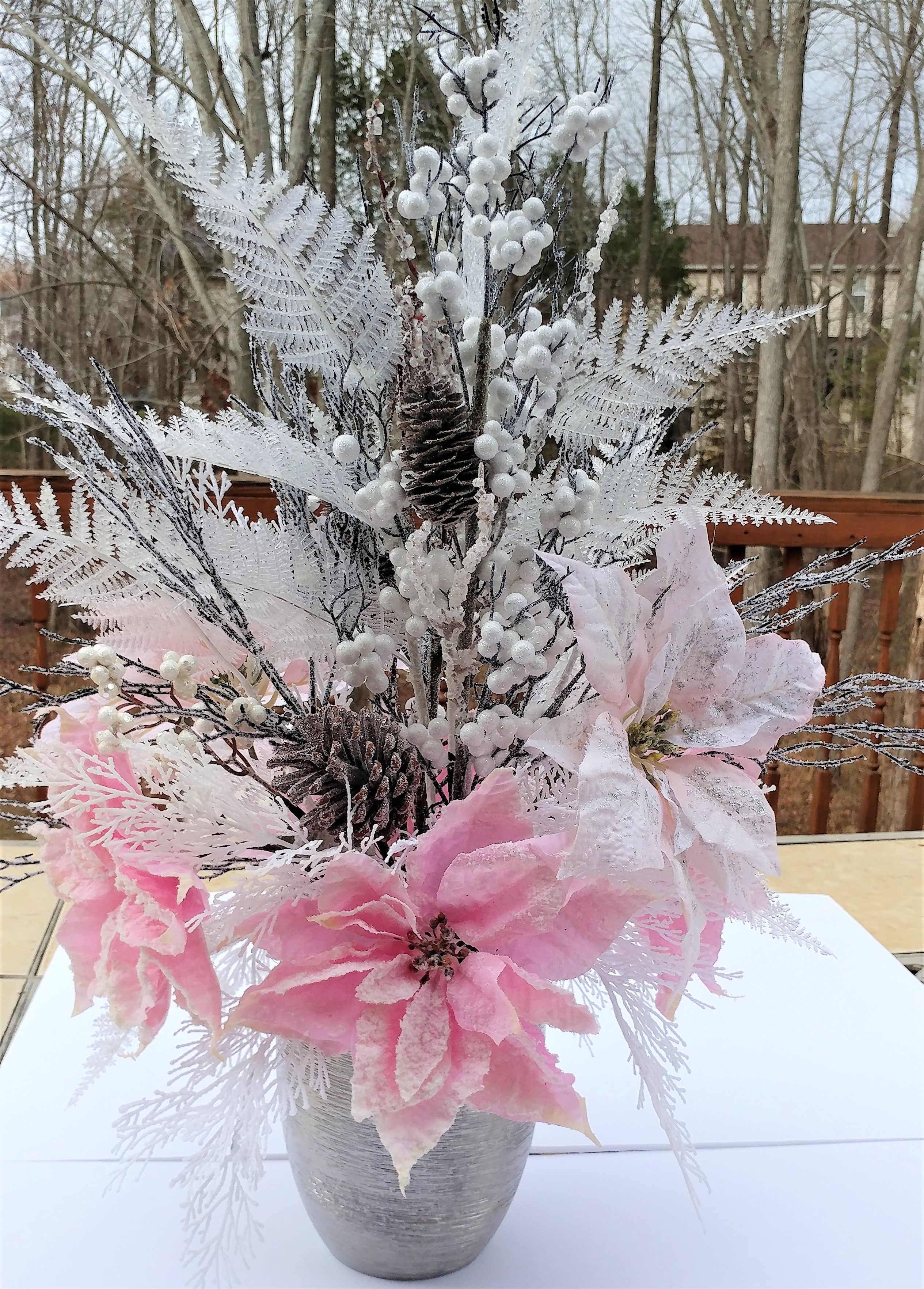 Beautiful Silk Pink and White Christmas Floral Arrangement – Handmade